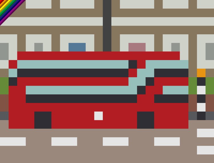 ロンドン　ドット絵　【第３弾】　ロンドンに行ったらいつか乗りたいと思っていた２階建ての赤いバス。まさか毎日乗ることになるとは思いませんでした。２４番と３８番の新型がお気に入り。２つの階段に沿って窓が帯を描くようにボディを回り込んでいくデザインが秀逸。この新ロンドンバスのデザインは、僕が大好きなロンドンのデザイナー、トーマス・ヘザーウィックのデザイン。彼は2012ロンドン五輪の聖火台もデザインしています。バスの前にあるオレンジ色の球のついた縞々のポールは、ゼブラ･クロッシングという歩行者優先の横断歩道。