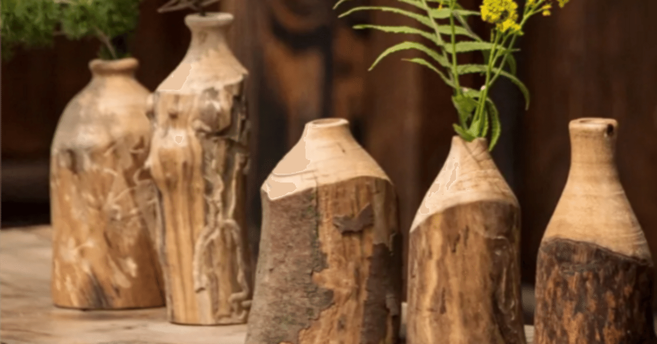 木製置物 実木の花瓶置物 天然木の花器 5 点セット｜木彫り置物で彩る