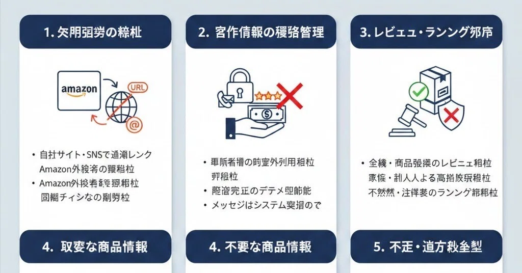 Amazon「出品者の禁止活動及び行為、並びに遵守事項」における Amazon「出品者の禁止活動及び行為、並びに遵守事項」における