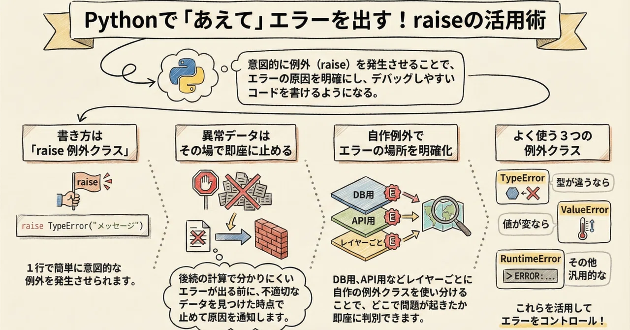 Pythonサイト要約_サプーYT_【Python】なぜ自らエラーを「発生」させるのか？開発を劇的にスムーズにする『raise』活用の極意 ...