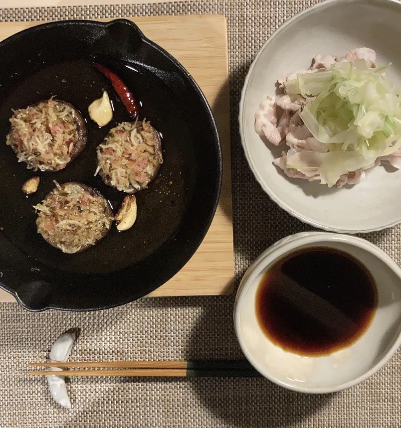 晩酌 セロリ豚しゃぶ 椎茸とシラスのアヒージョ Show Co Recipe Note