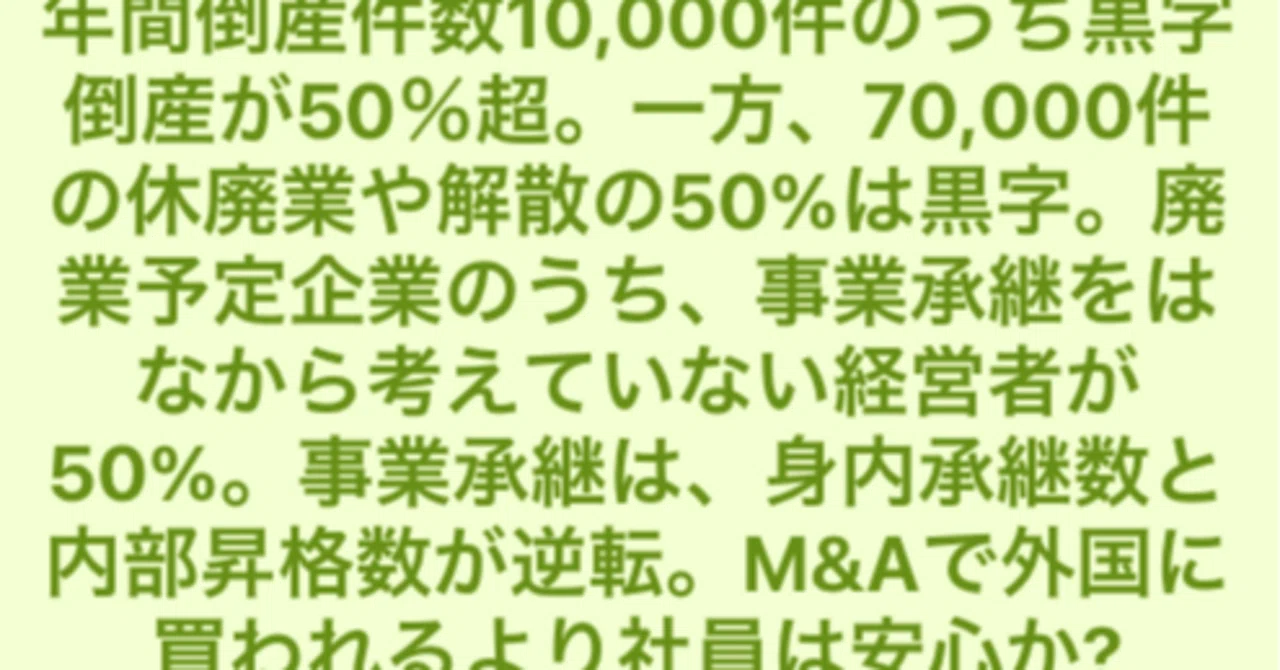 黒字倒産、黒字廃業が各50％。事業継承は内部昇格が身内承継を超えた 