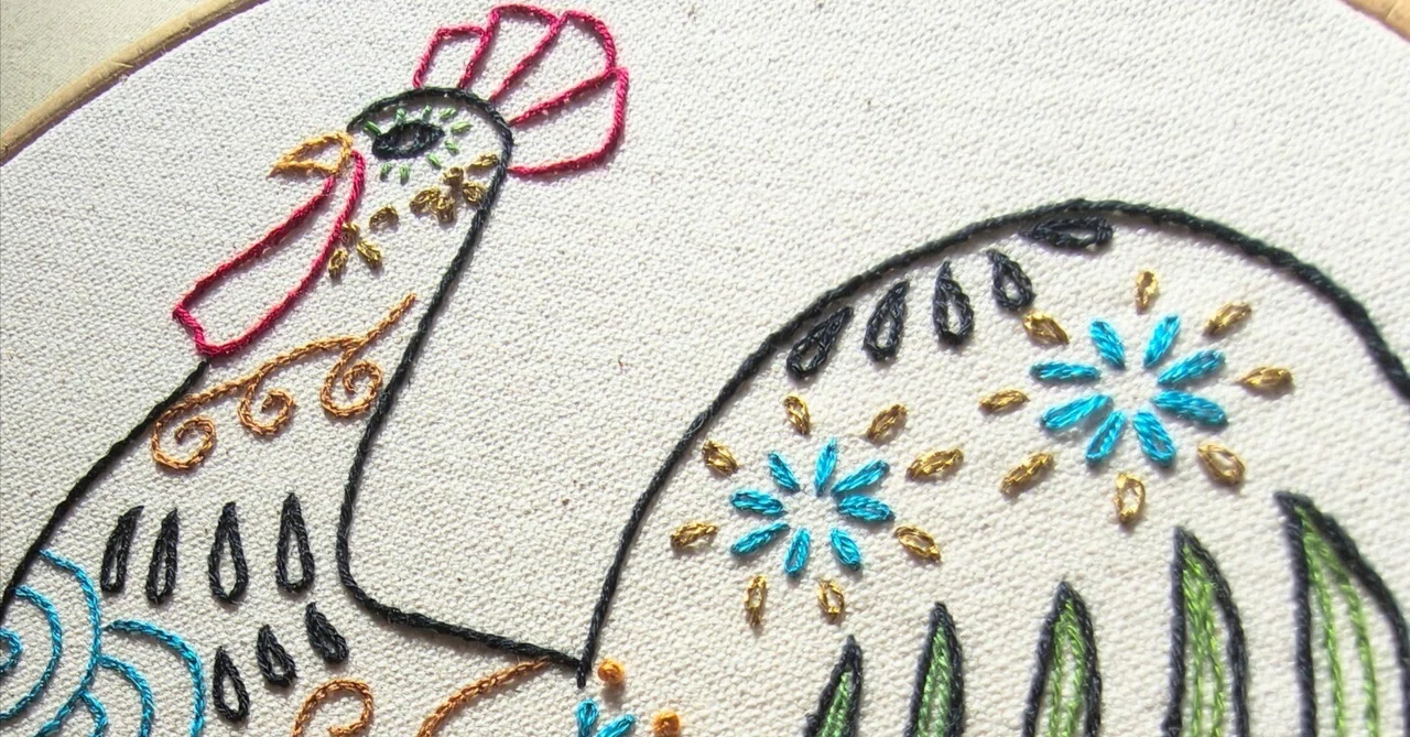 作製風景『飾り鶏／Ornamental Rooster』3｜embroidery_design_Hoho