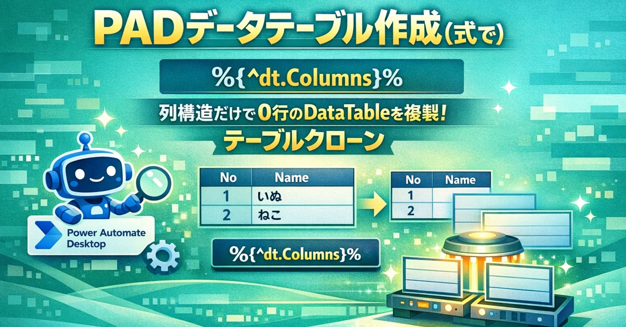 PAD｜データテーブル｜作成（式）｜%{^dt.Columns}%｜列構造（ヘッダー）だけを複製して0行のDataTableを作る（テーブル ...