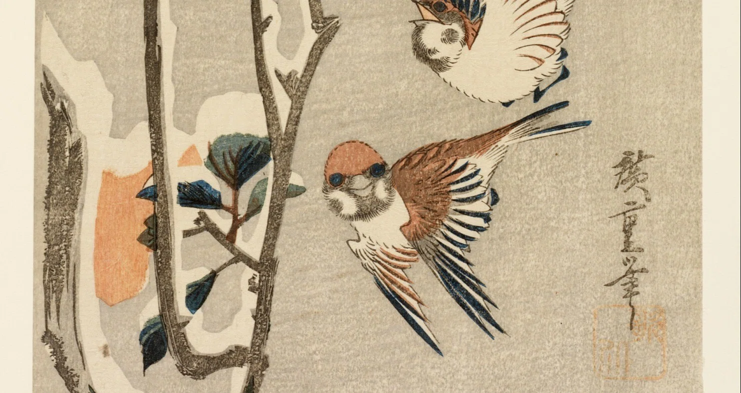 花鳥版画展」出品作⑦ 葛飾北斎《露草に鶏》天保3（1832）年頃｜毎日