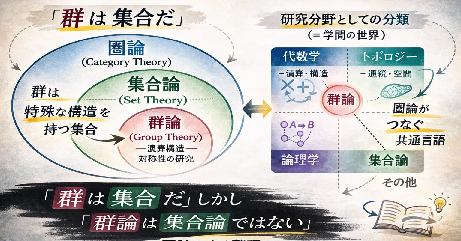 群は集合」だが「群論は集合論」ではない──包含パラドックスを圏論 