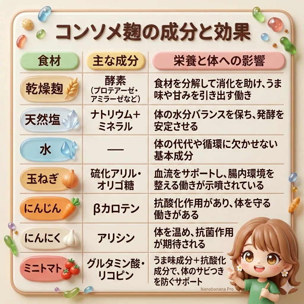 コンソメ麹の材料と栄養の早見表