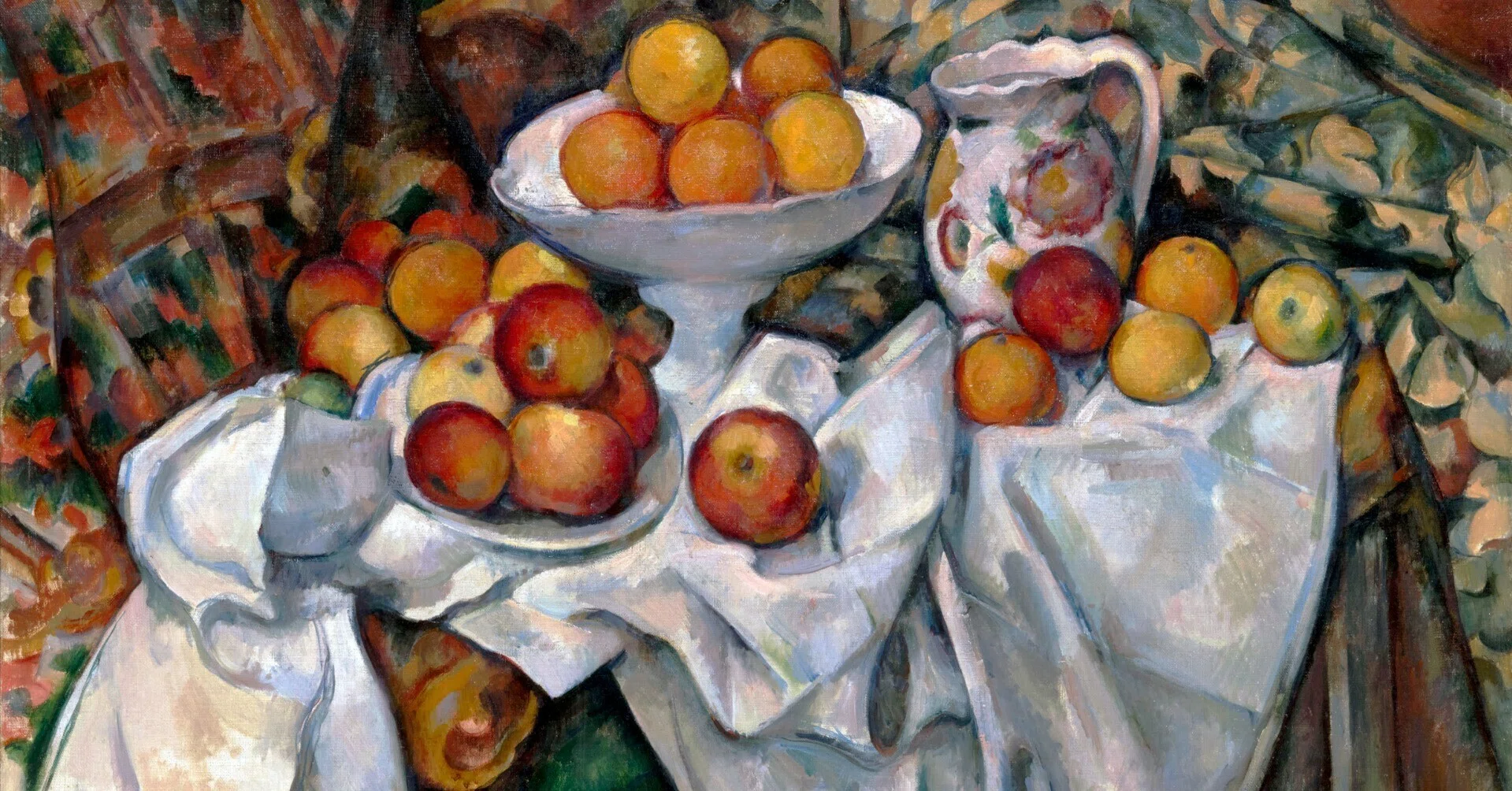 エミール・ジュールダン、りんごと花のある静物、希少な画集より 近代絵画の父セザンヌ『リンゴとオレンジのある静物』。崩れた遠近法が