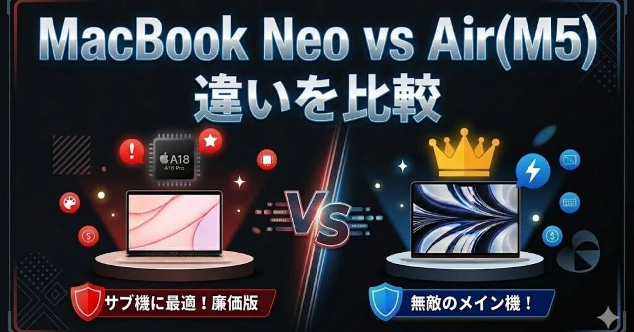 MacBook NeoとAir(M5)の違いを比較！スペックや後悔しない選び方を徹底
