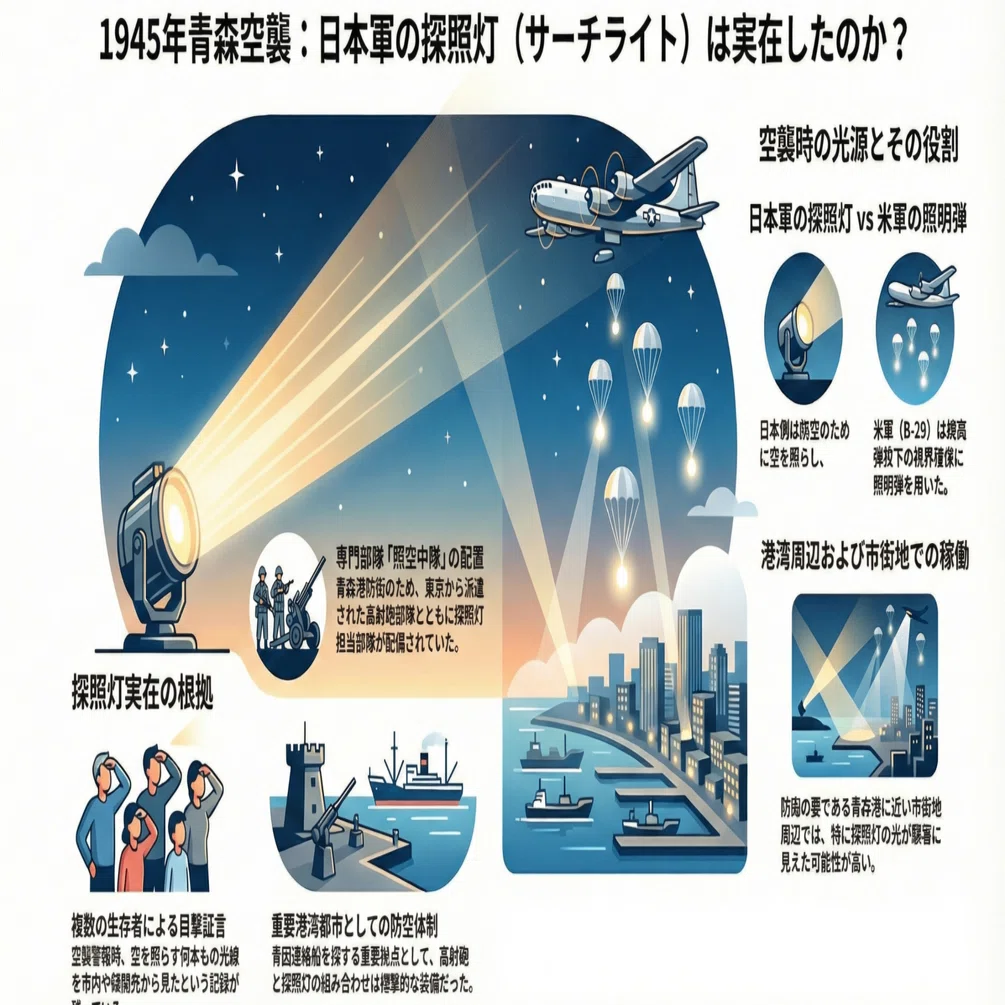1945年7月28日、青森の空を切り裂いた「光」の正体：空襲下の探照灯を