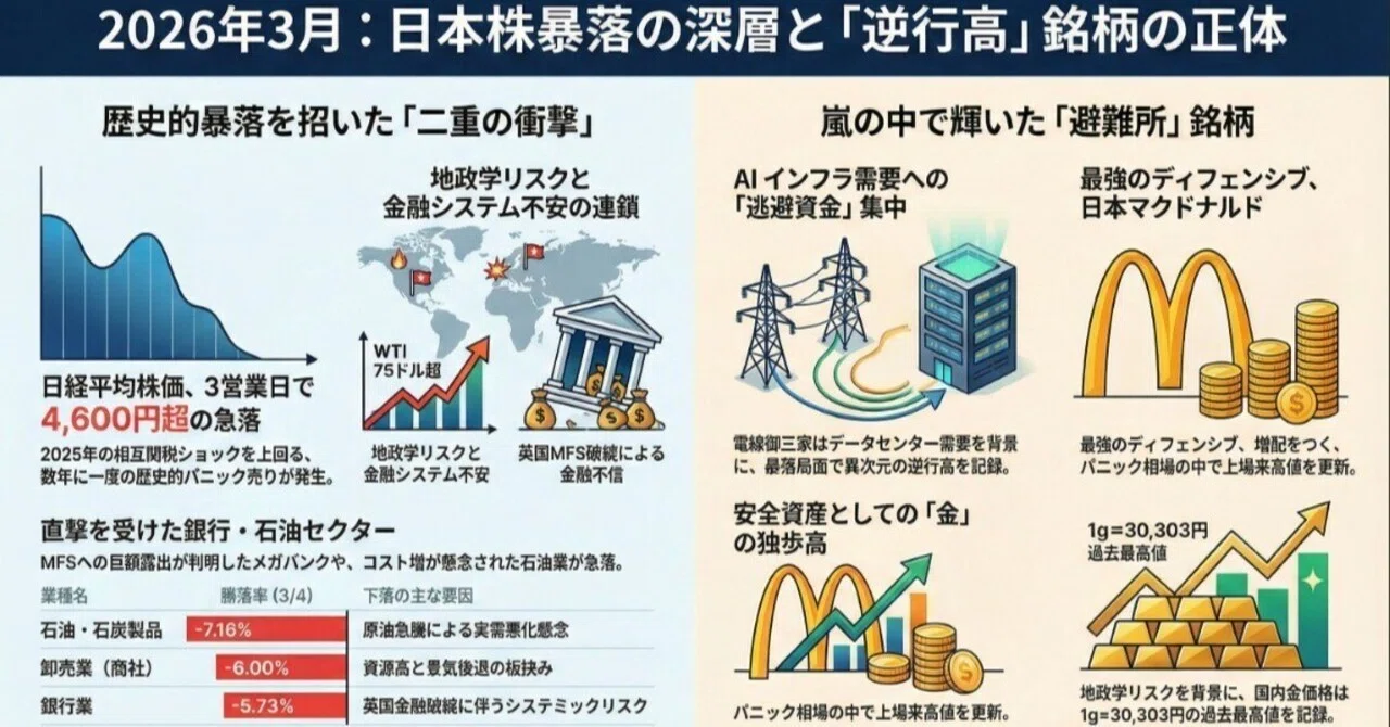 2026年3月相場】歴史的暴落の中で輝いた「避難所銘柄」とは？今後の