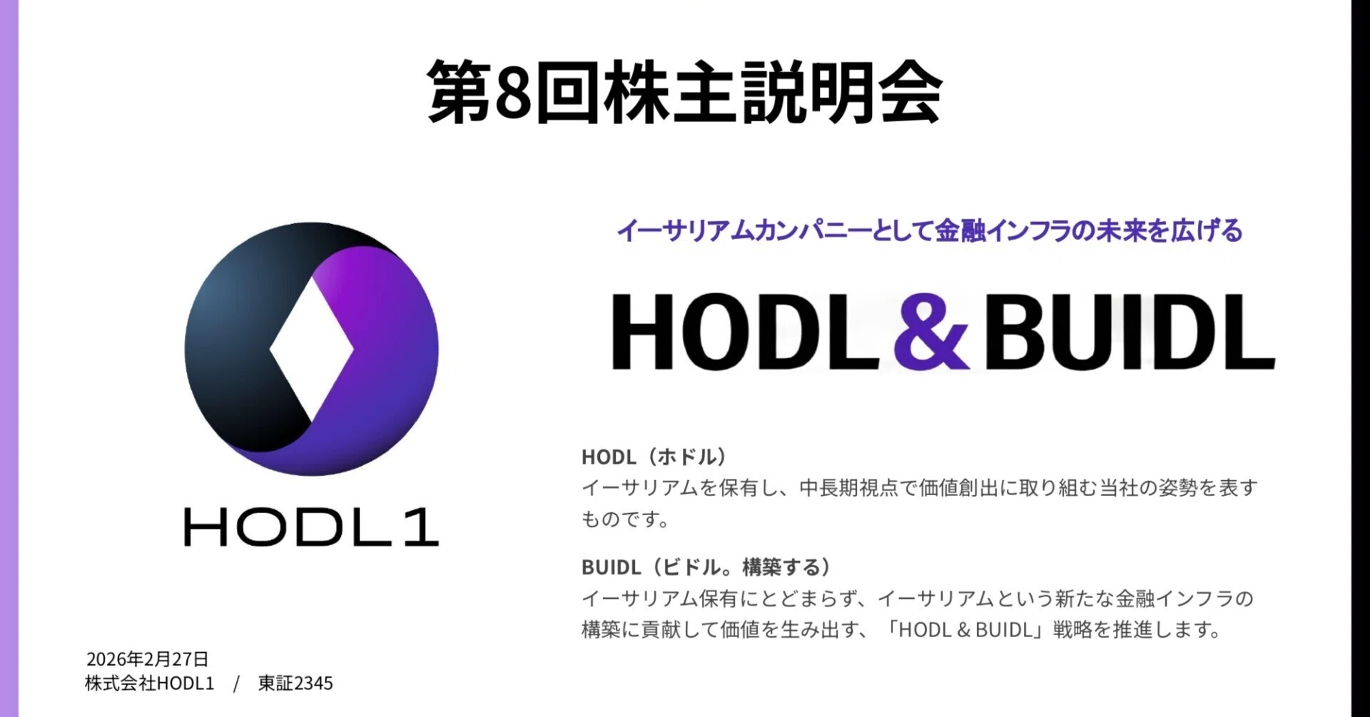 株式会社HODL1 第8回株主向け説明会（新体制の総括と現状報告）｜株式
