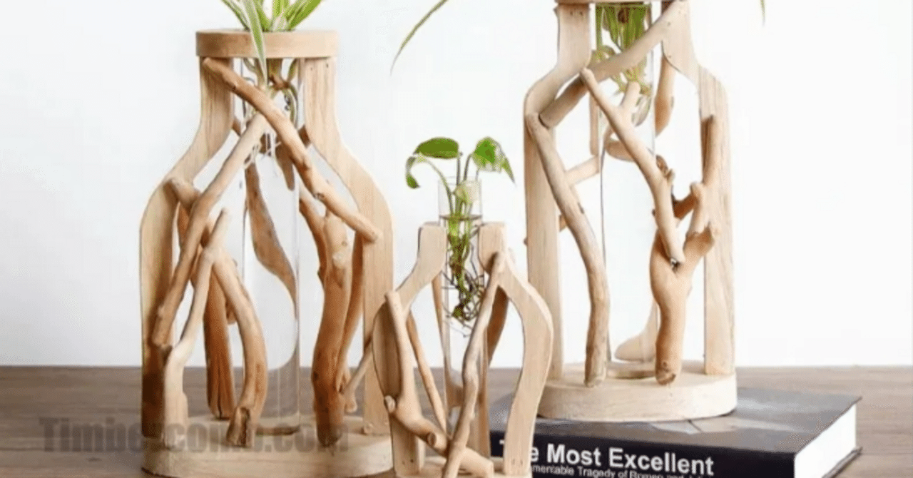 木製花瓶置物🌿 天然流木フレーム ガラスベース花瓶｜木彫り置物で彩る