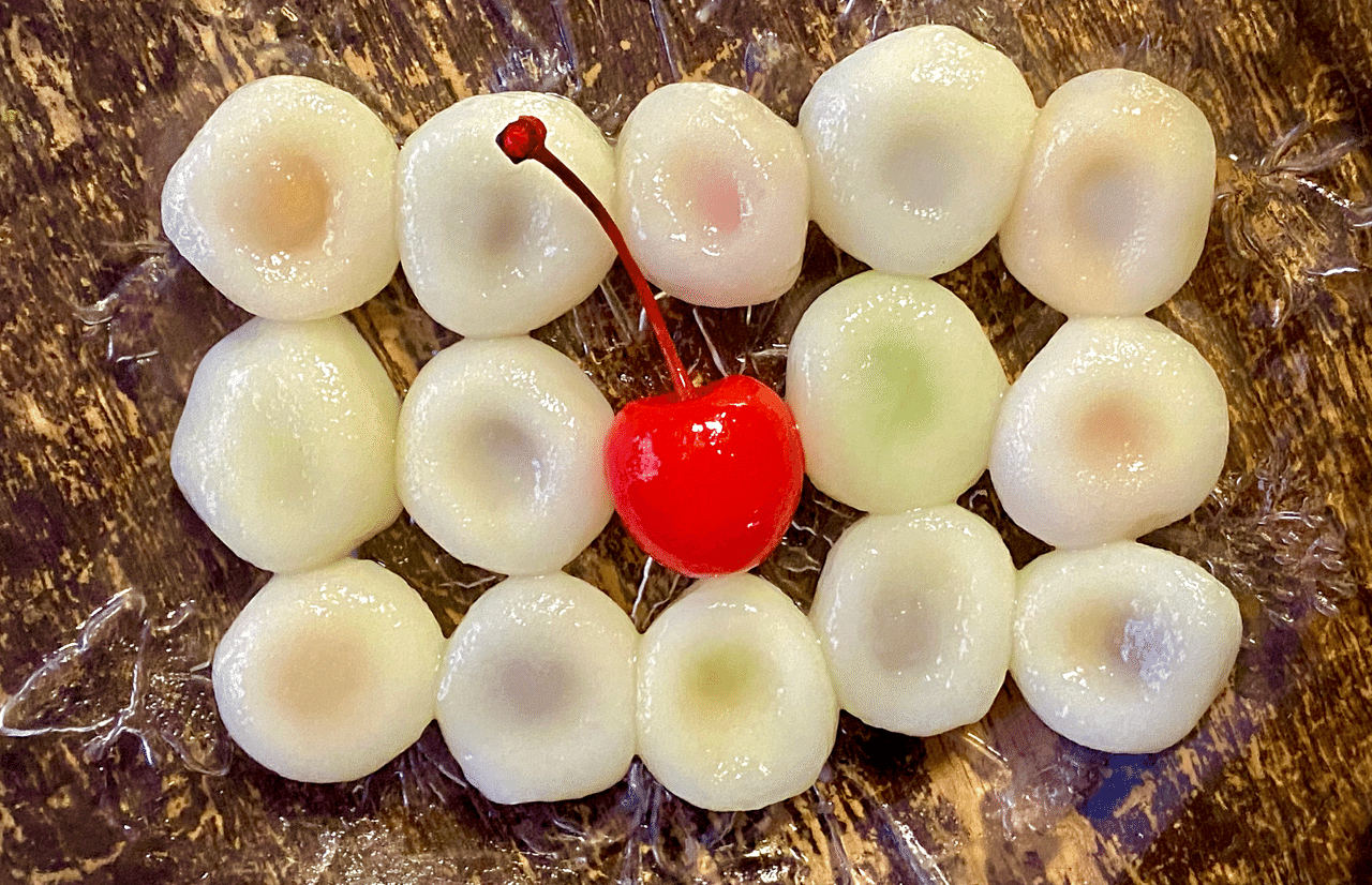 駄菓子アレンジレシピ16 カギっこチョコでおはじき白玉 鳩 頭巾 Note