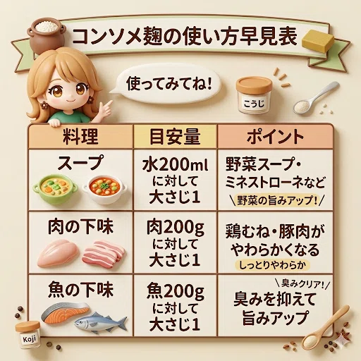 コンソメ麹の使い方早見表