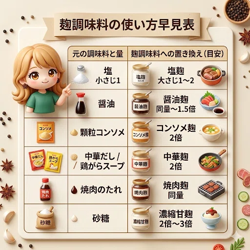 麹調味料の早見表