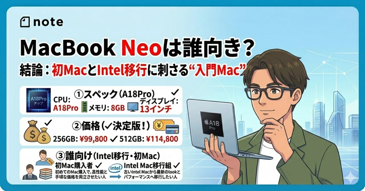 MacBook Neoは誰向き？結論：初MacとIntel移行に刺さる“入門Mac”｜YASUO-JP