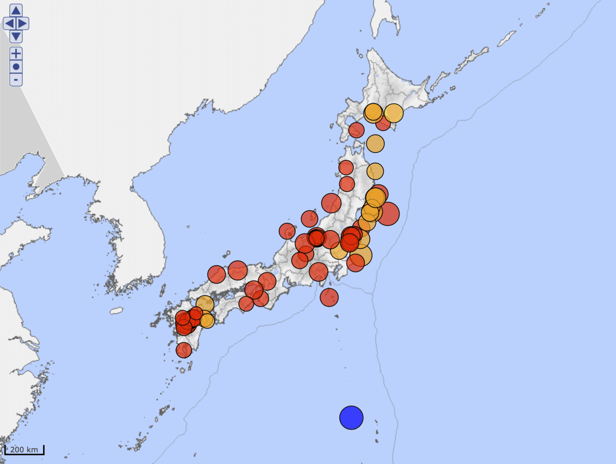 気象庁の東日本大震災以降震度5強の地震発生マップ