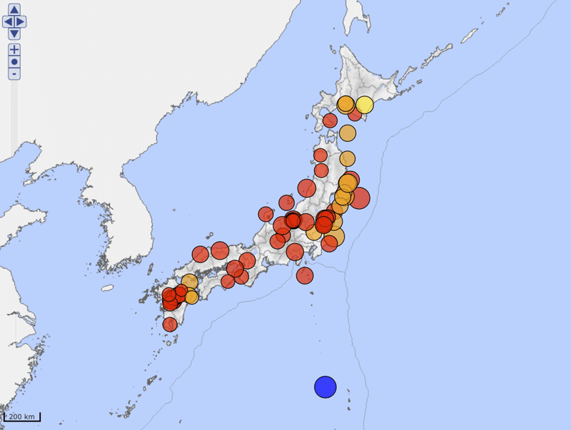 気象庁の東日本大震災以降震度5強の地震発生マップ