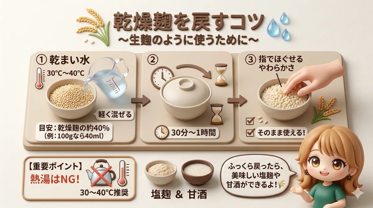乾燥麹を戻すコツの図解