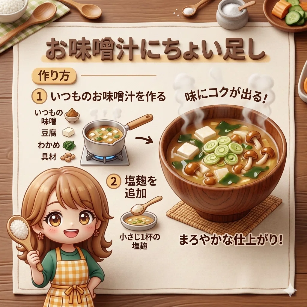 お味噌汁に塩麹の図解