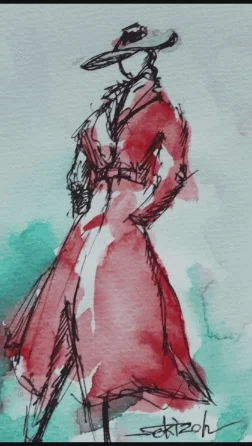 赤いコートの女』水彩画｜せきぞう、