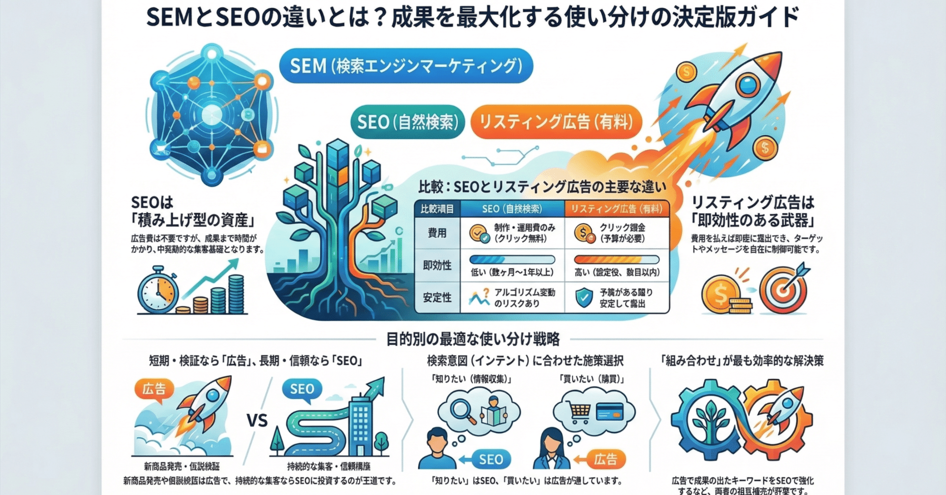 SEOとSEMの違いを表で比較する