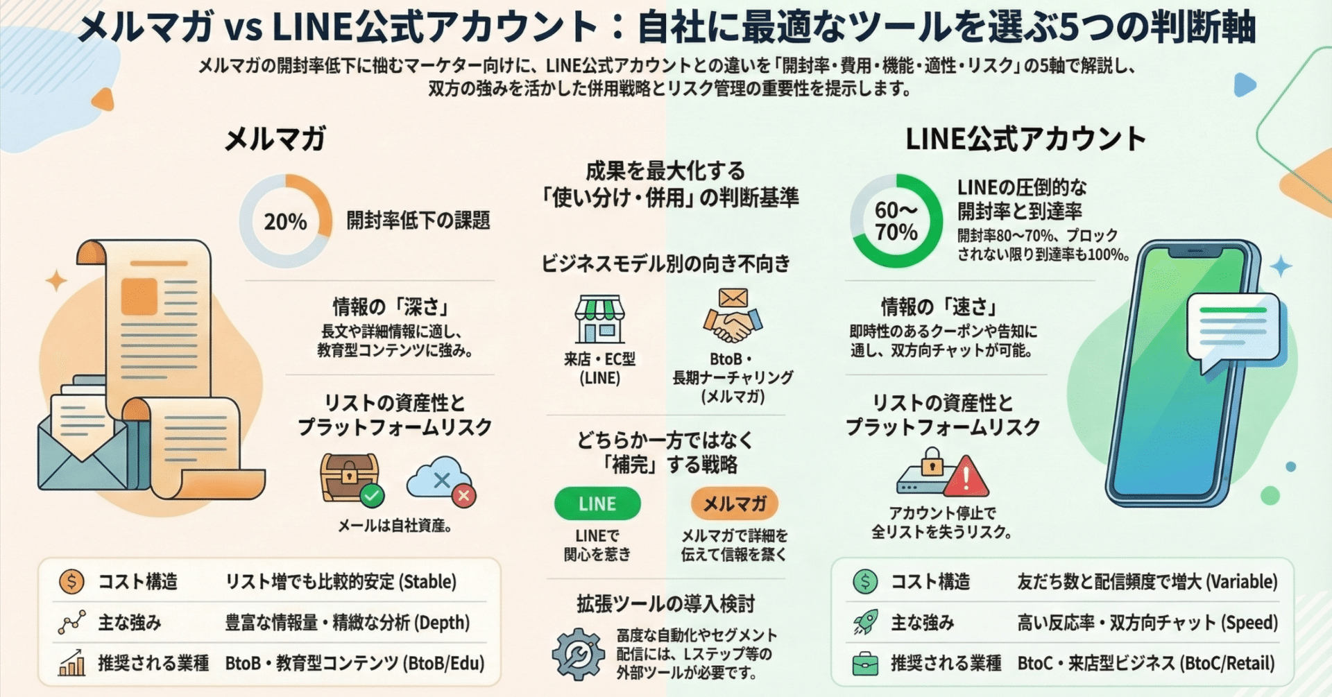 メルアカウント*3点まとめ割適用中 メルマガとLINE公式アカウントを比較｜開封率・費用・使い分けの判断軸