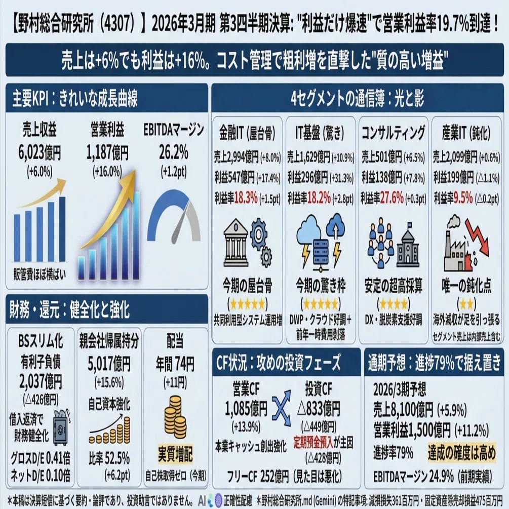 野村総合研究所（4307）】売上+6%なのに営業利益+16%！