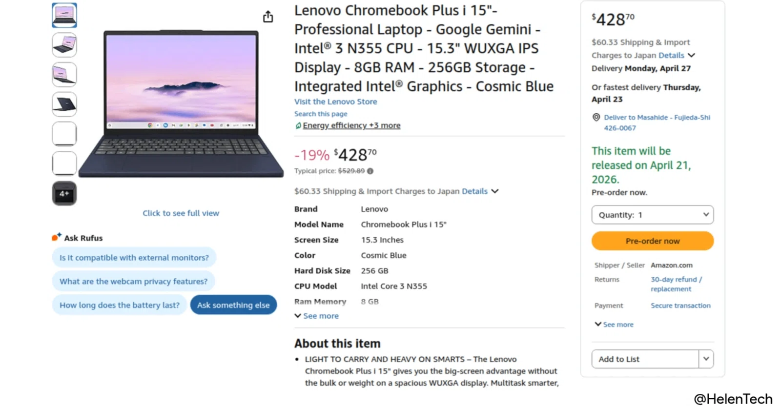 15.3インチの大画面モデル「Lenovo Chromebook Plus i 15″」が米