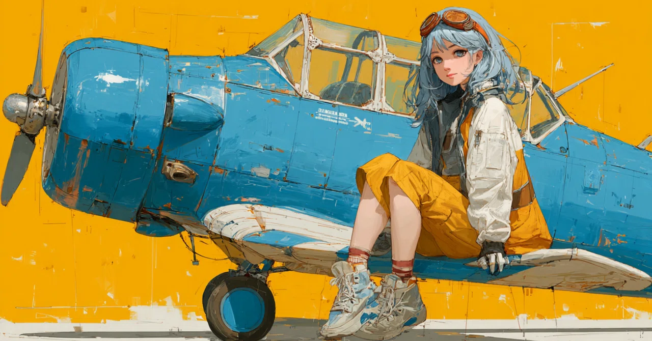 イラスト】 飛行機と女の子｜黒羽