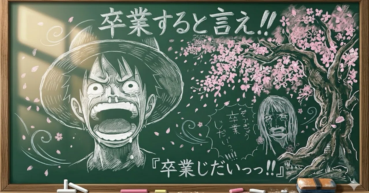 卒業すると言え!!」 6年生が残した黒板アートと、私がルフィに出した 
