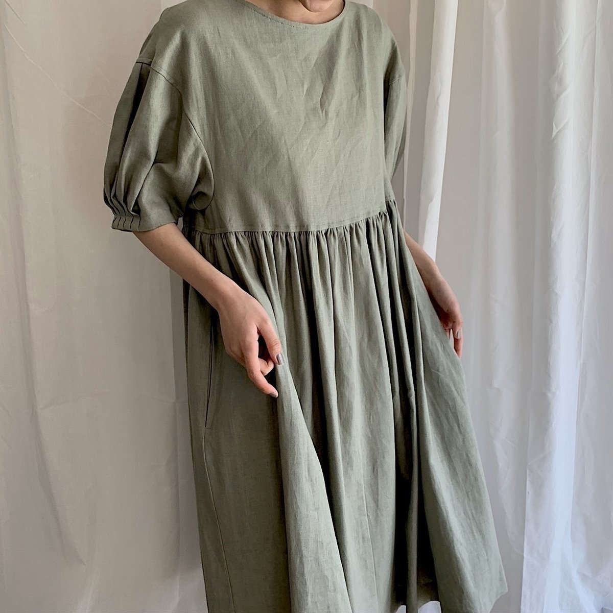 本日21:00~]着膨れしない夏のギャザーリネンワンピース[再販もあり  