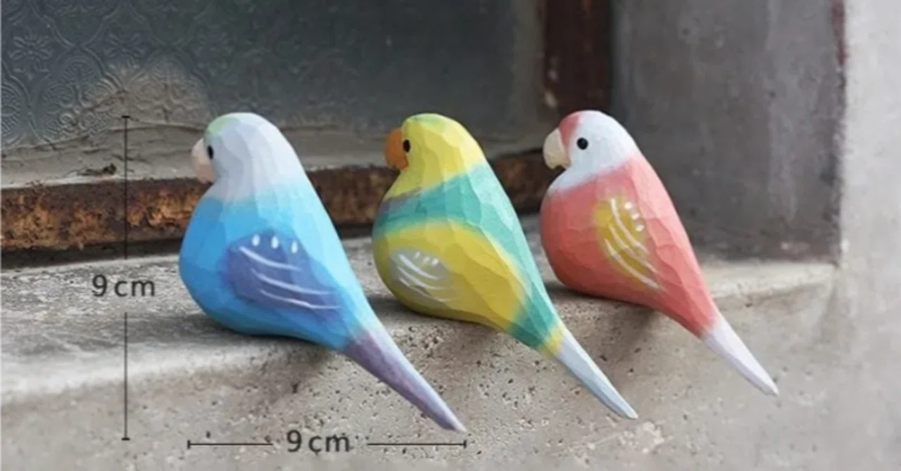 インコ　カラフル　オブジェ　書斎　キャビネット　極彩色　スタンド1 Carved Wooden Parakeet Figurine Object 3-Piece Set Nordic Style