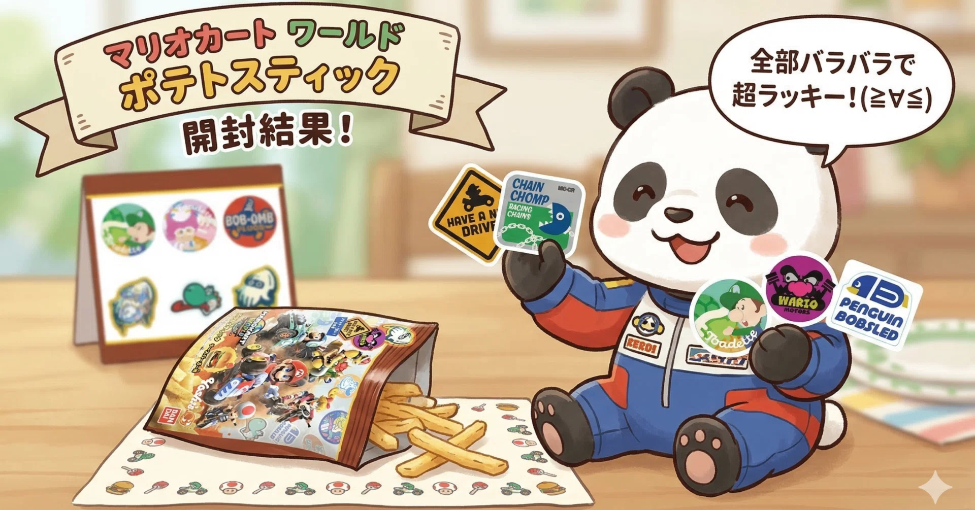 【超お得！】　マリオカートワールドポテトスティック　100セット (お菓子のみ) 購入品】マリオカートのステッカー付きポテトスティックが可愛い