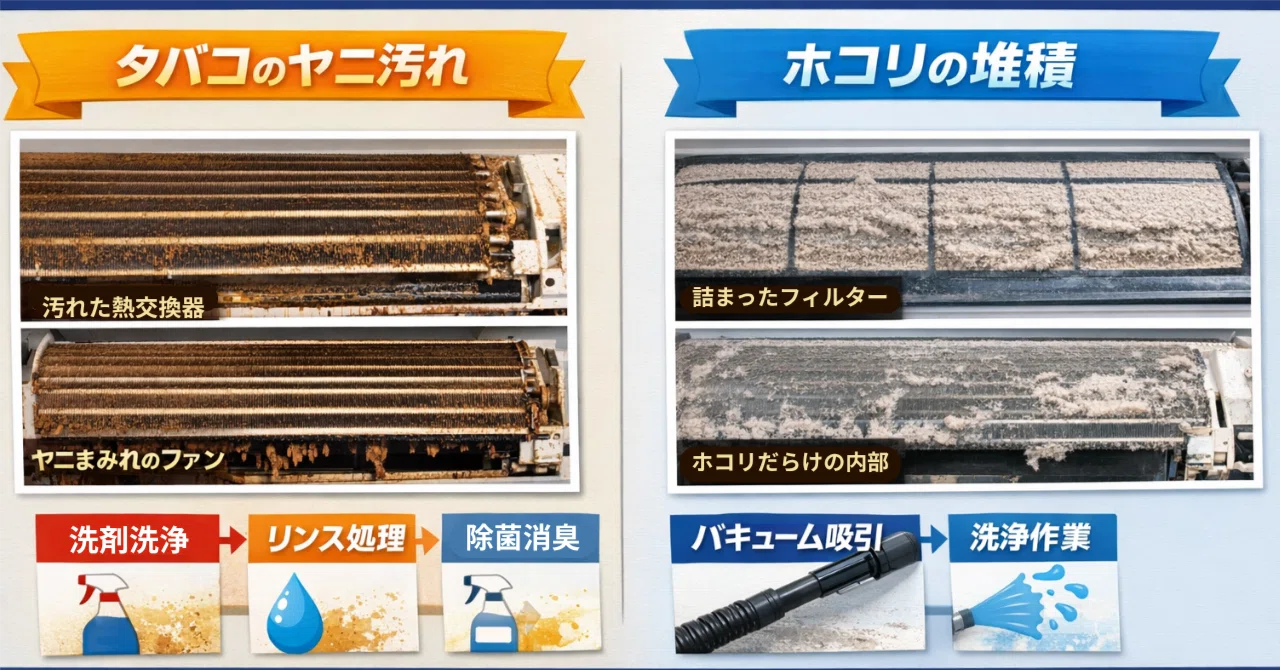 エアコンの向こう側 ヤニ汚れとホコリ詰まり、同じ洗浄ではダメな理由