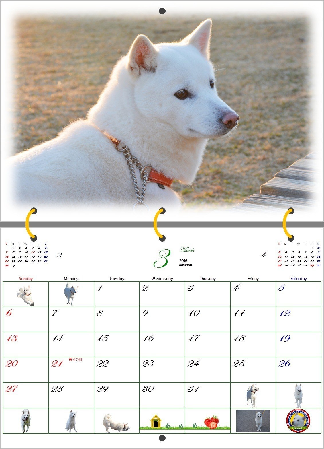 2016年白い犬のカレンダー 3月 T Sbar57 Note