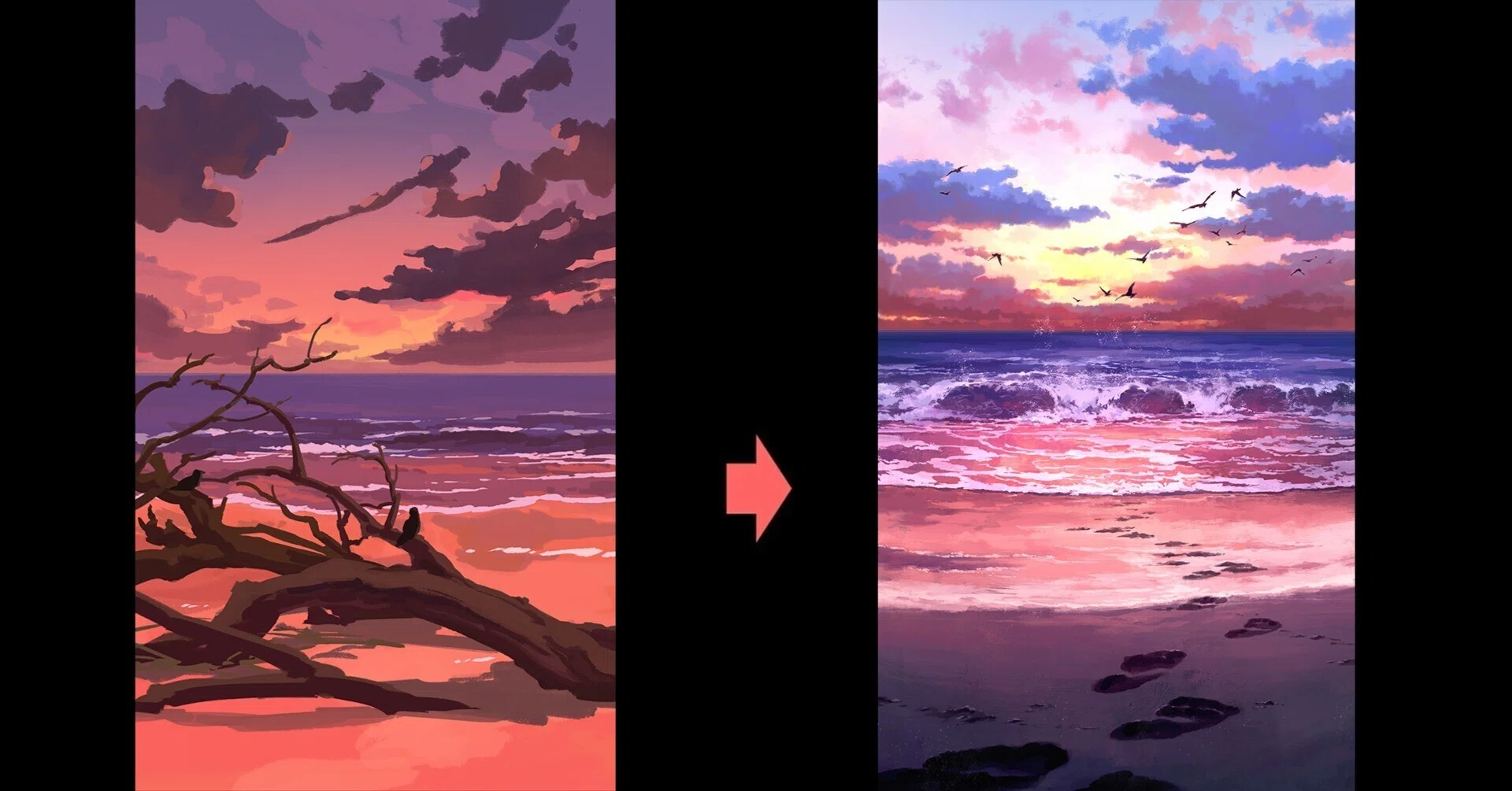 烏のイラスト日記【#3】夕方海の絵｜烏