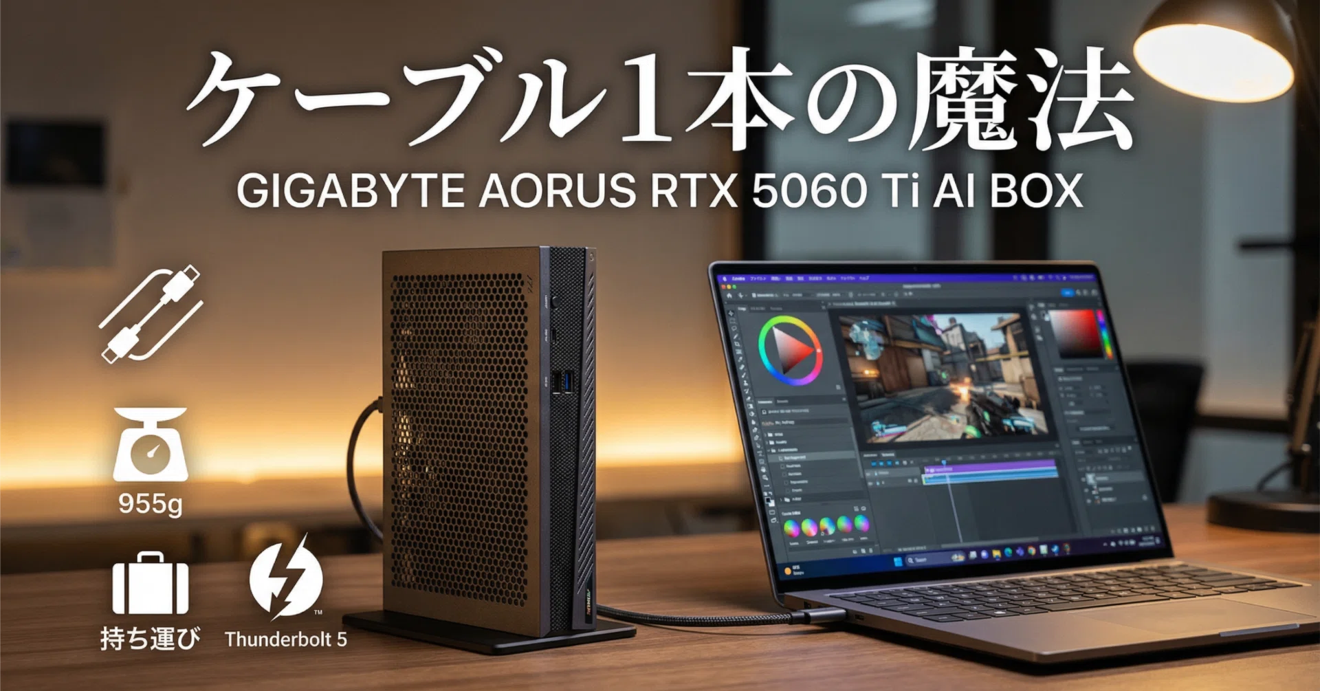 GIGABYTE〉 AORUS RTX 5060 Ti AI BOX — ケーブル1本でノートPCが