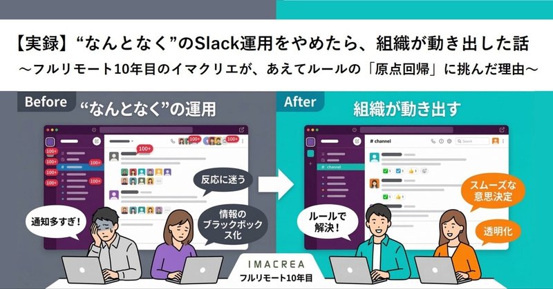 【実録】“なんとなく”のSlack運用をやめたら、組織が動き出した話 〜フルリモート10年目のイマクリエが、あえてルールの「原点回帰」に挑んだ理由〜 eyecatch