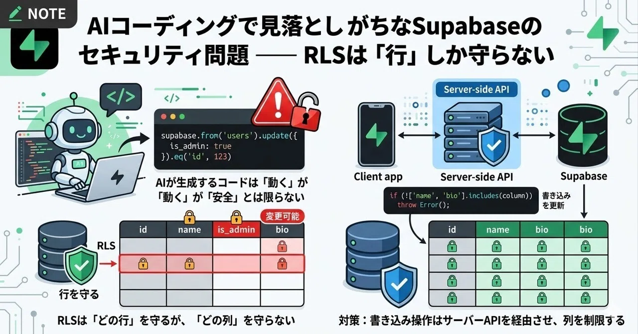 AIコーディングで見落としがちなSupabaseのセキュリティ問題 ── RLSは「行」しか守らない｜けい