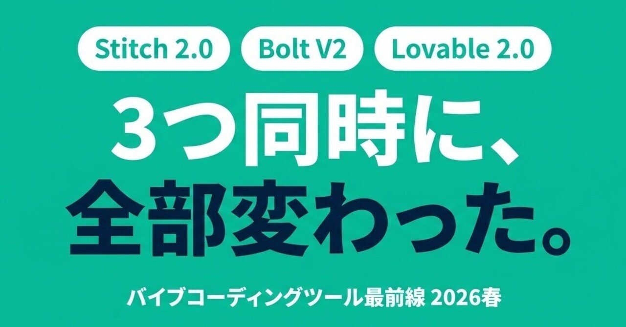 バイブコーディングツール最前線 2026春 — Stitch 2.0、Bolt V2、Lovable 2.0で「作る」が変わった