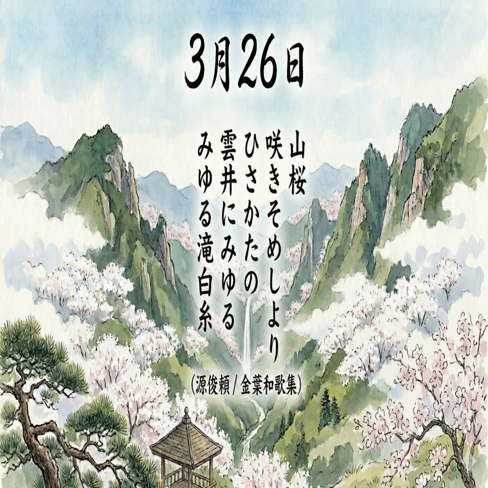 一首一会【3月26日】山桜咲きそめしよりひさかたの雲井にみゆる滝の