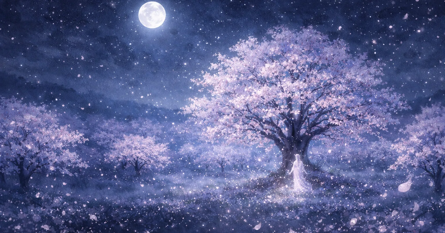 夜にだけ咲き誇る千本桜の世界/桜の精霊と輝く花々｜sc_fun｜AI×note