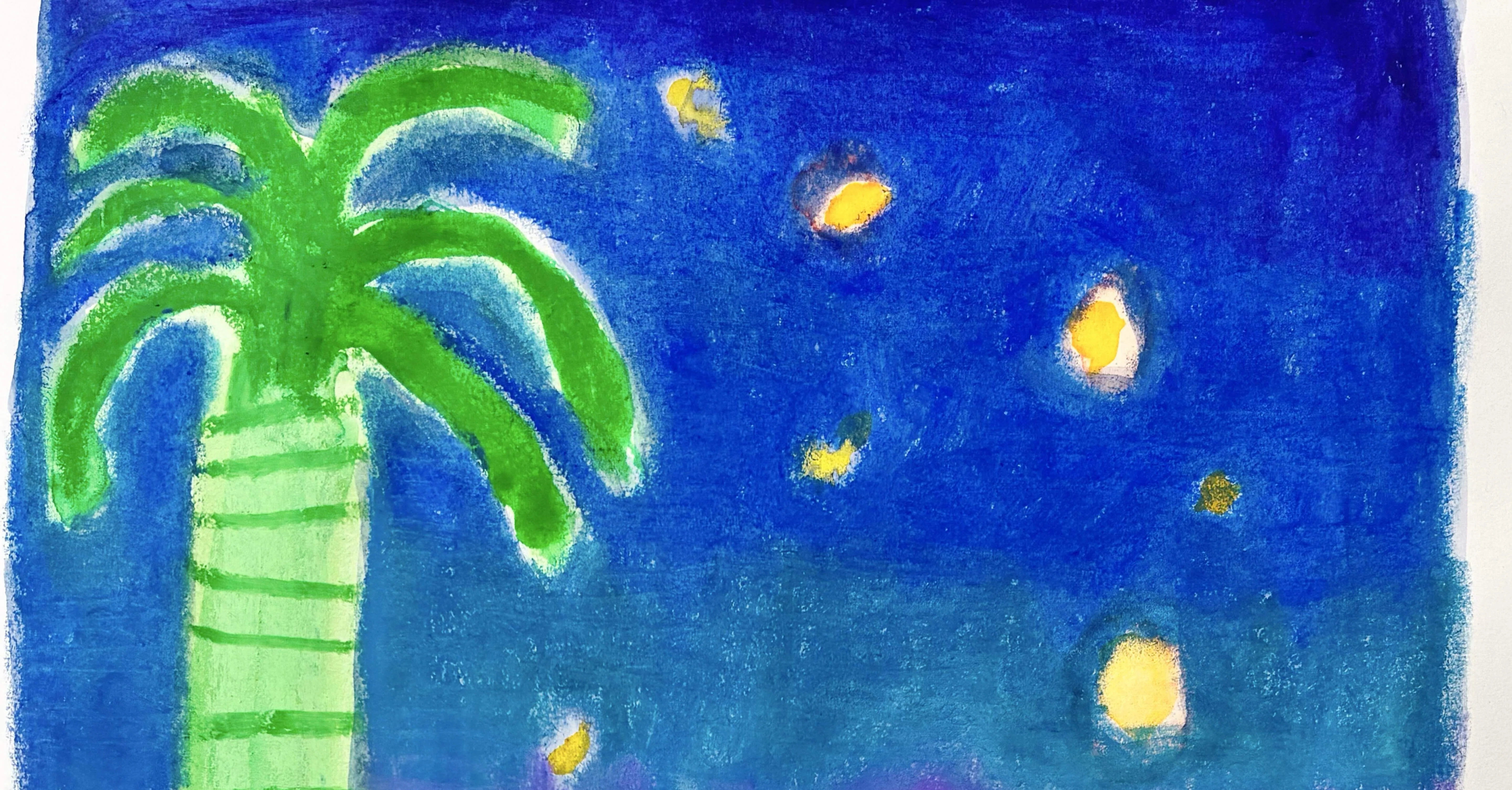 自作絵 プローチダ島の夜の風景 夕暮れの静かな輝き - | 夕暮れの