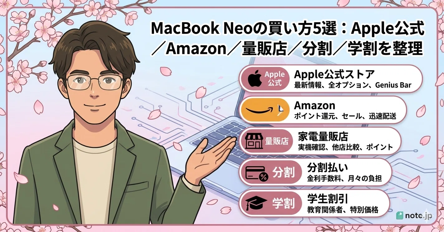 MacBook Neoの買い方5選：Apple公式／Amazon／量販店／分割／学割を