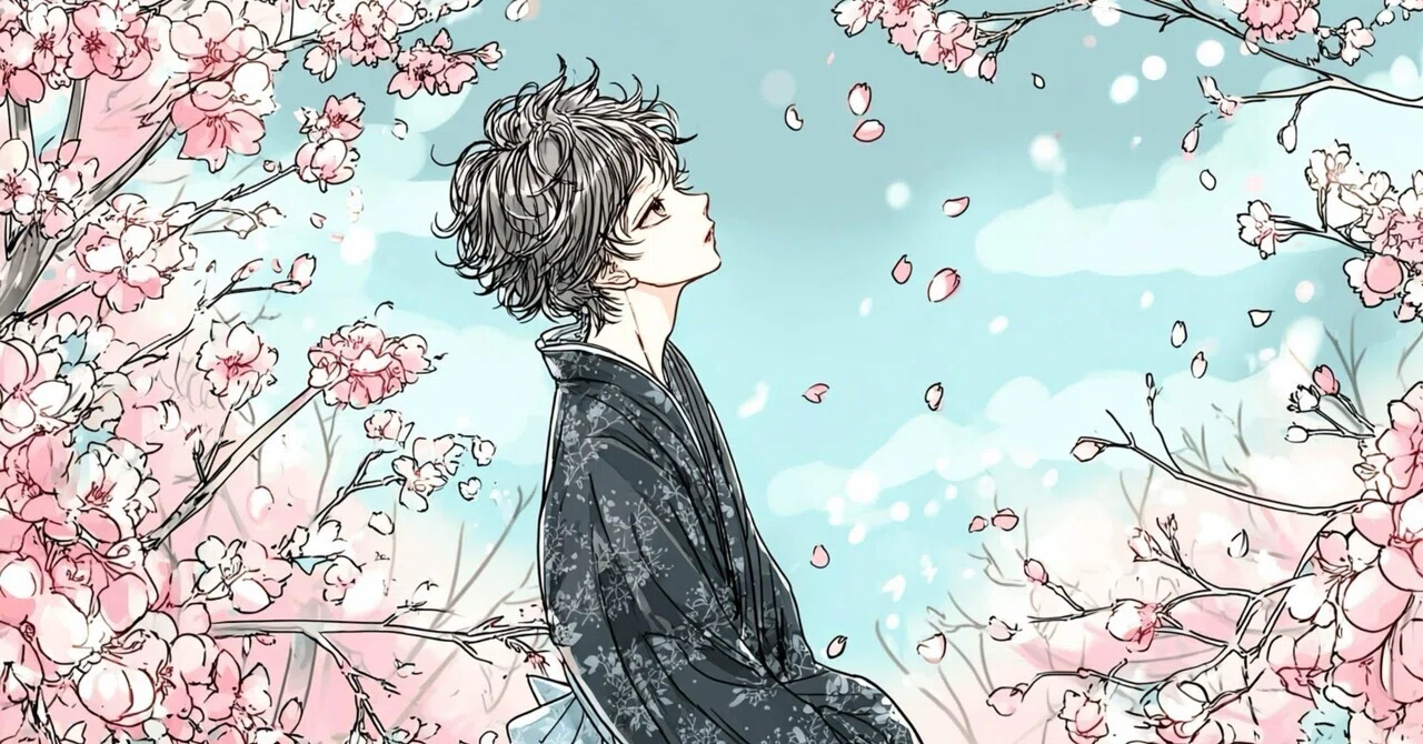 AIイラスト]散りゆく桜を見上げる和装男子｜みぽぽ