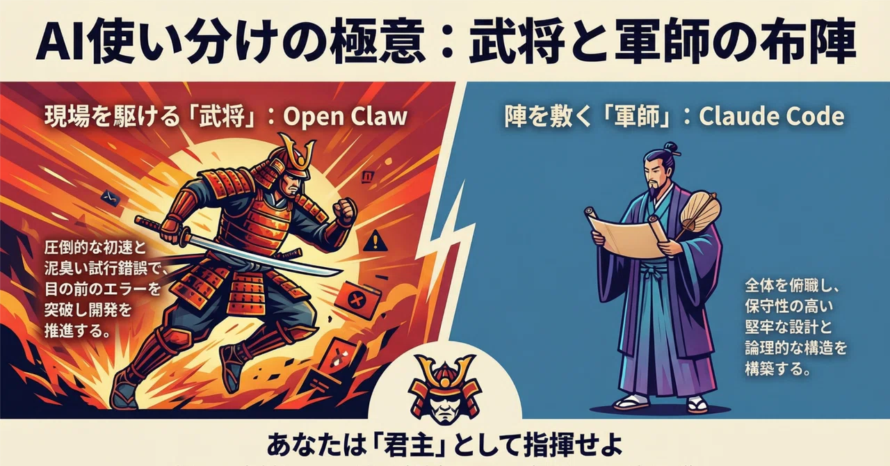 「Open Claw」と「Claude Code」比較。重要なのは「どっちが強いか」ではない。君主として「武将と軍師」をどう使いこなすかだ|藤田清太夫