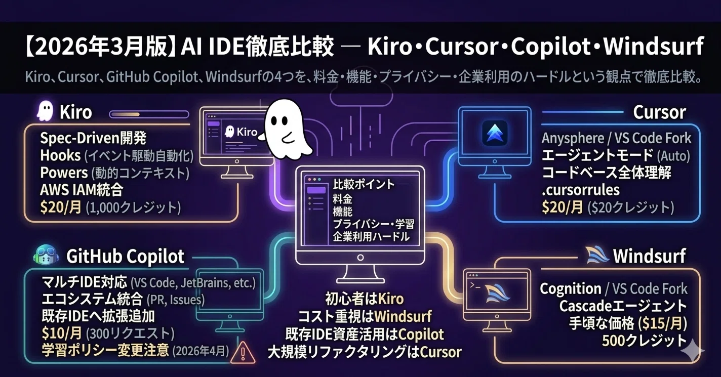 Kiru様 ご相談ページ 2026年3月版】AI IDE徹底比較 — Kiro・Cursor・Copilot・Windsurf