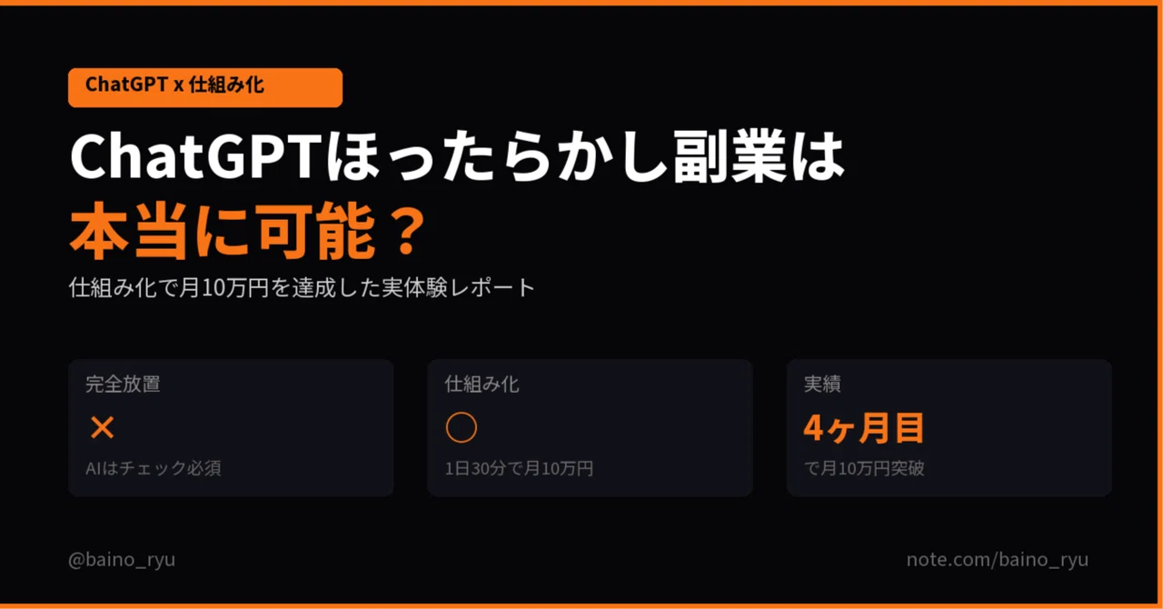 ChatGPTほったらかし副業は本当に可能？仕組み化で月10万円を達成した実体験｜Baino Ryu｜AI × 自動化マネタイズ